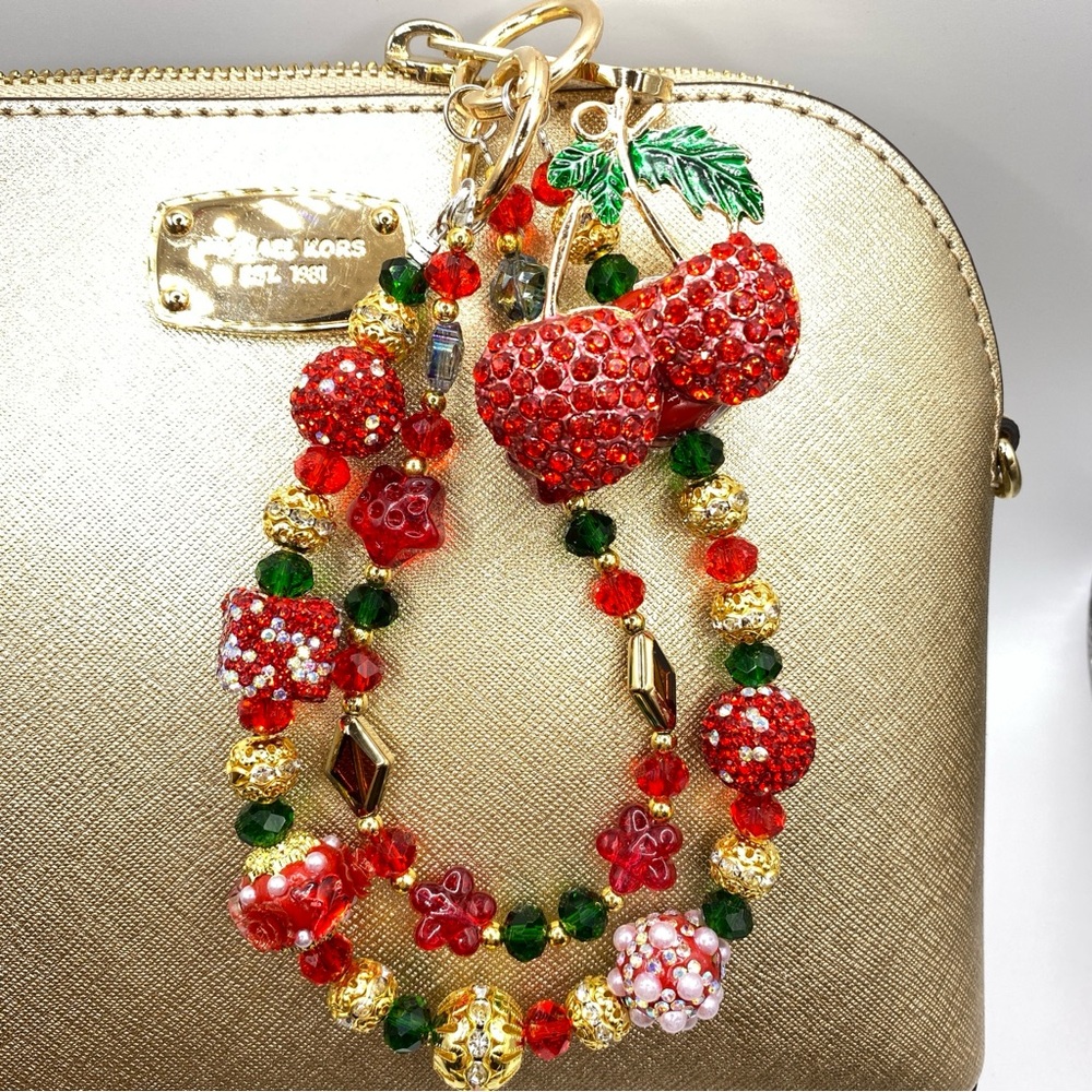 🍒 Luxury Bag/Phone Chain Charm/Keychain Red Rhinestone Cherry Charm & Crystals